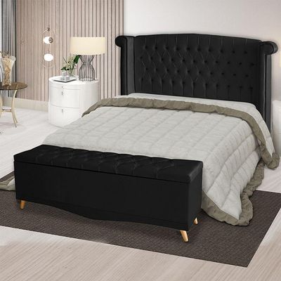 Kit Cabeceira De Cama Box E Calçadeira Baú Luxo King 195 Cm Suede Preto Do Lar Móveis