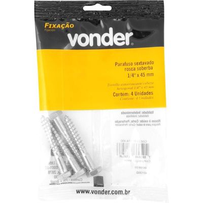 Parafuso Sextavado Rosca Soberba 1-4''x45mm 4 Peças Vonder