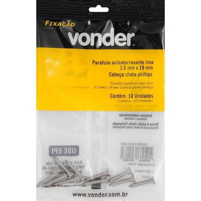 Parafuso Tarraxante Inox 3,5x19,0mm Phillips 10 Pçs Vonder