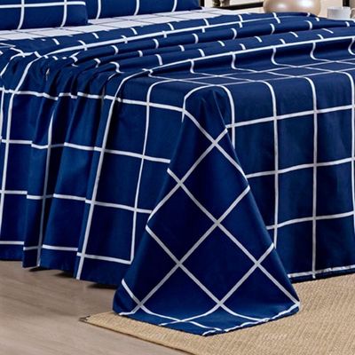 Jogo De Lençol Minimalista King 4 Peças Percal 200 Fios Quadriculado - Azul Marinho - 100% Poliéster