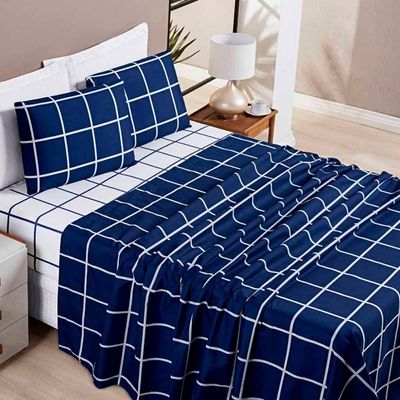 Jogo De Lençol Minimalista King 4 Peças Percal 200 Fios Quadriculado - Azul Marinho - 100% Poliéster