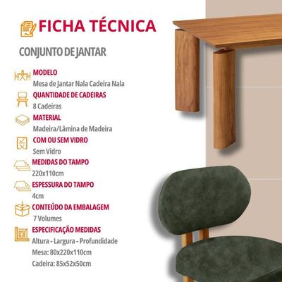 Mesa De Jantar Nala 220cm Madeira Tampo Laminado 8 Cadeira Nala Jade Imbuia Natural
