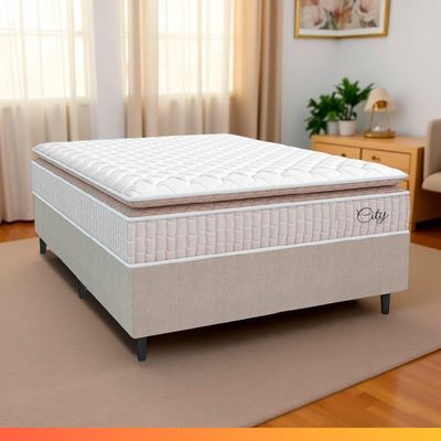 Cama Box Colchão Casal Molas Ensacadas City Pillow Top 138x61cm Branco/Bege Hellen