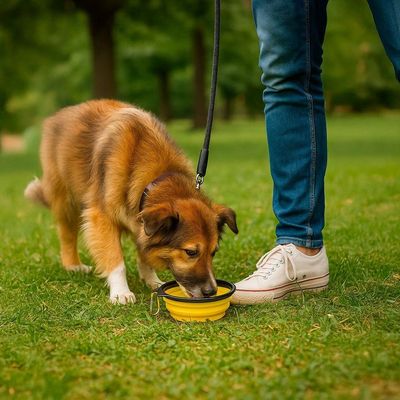 Comedouro Bebedouro Dobrável Com Gancho Portátil Pet Azul