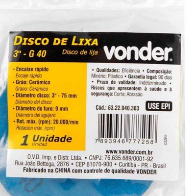 Disco De Lixa 3'' Cerâmico G40 Encaixe Rápido Vonder