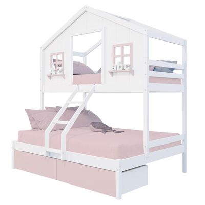 Beliche Casal/ Solteiro Casinha Dos Sonhos Com 02 Gavetas Madeira Maciça Branco/ Rosa Megamobilia