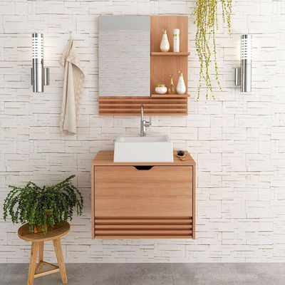 Kit Gabinete E Espelheira De Banheiro 60 Cm Com Cuba Sâmia Amêndoa