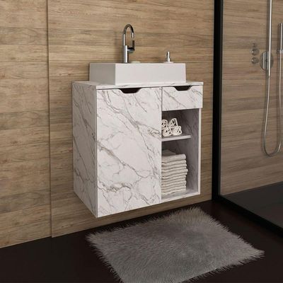 Gabinete De Banheiro 60 Cm 1 Porta Com Cuba Romana Mármore Branco