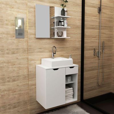 Kit Gabinete E Espelheira De Banheiro 60 Cm Cuba Romana Branco