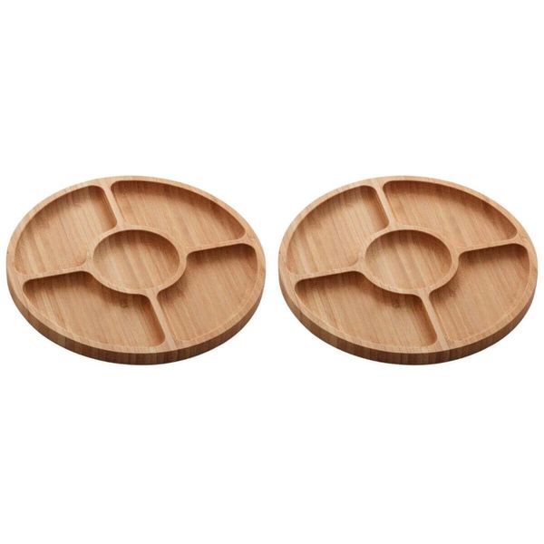 Kit 2 Petisqueiras de Bambu 5 Divisórias 25cm Lyor Round Aperitivos Tábua Redonda Servir Petiscos