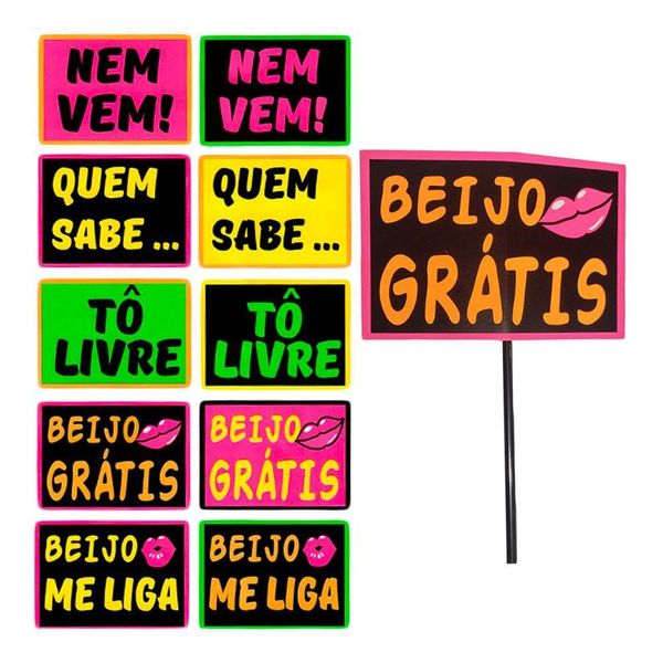 Plaquinhas Divertidas Balada Neon Beijos - 10 Unidades