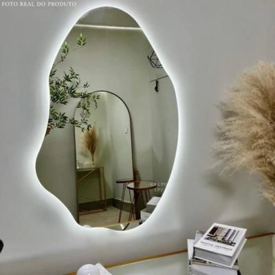 Espelho Decorativo Com Led Amarelo 110x60 Organico Abstrato Com Fonte Bivolt Amarelo