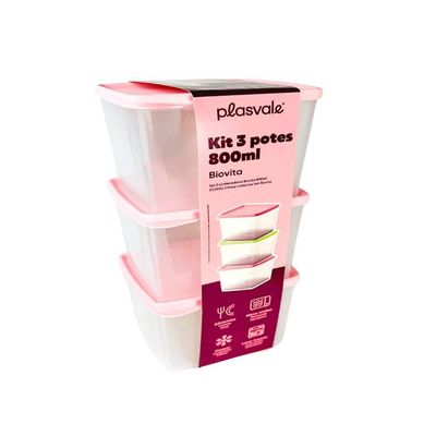 Kit 3 Potes Retangulares 500ml Plasvale Rosa
