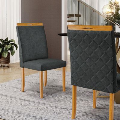 Cadeira Agnes Madeira Maciça Estofada Para Mesa De Jantar Linho Chumbo 406