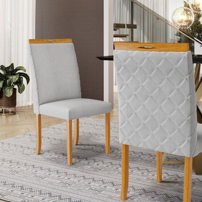 Cadeira Agnes Madeira Maciça Estofada Para Mesa De Jantar Linho Cinza 407