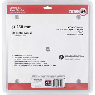 Lâmina De Serra Circular Vídea 250mm 24 Dentes Nove54