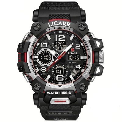 Relógio Digital Masculino à Prova De água 5atm Duplo Display Esportivo Quartzo Prateado Preto