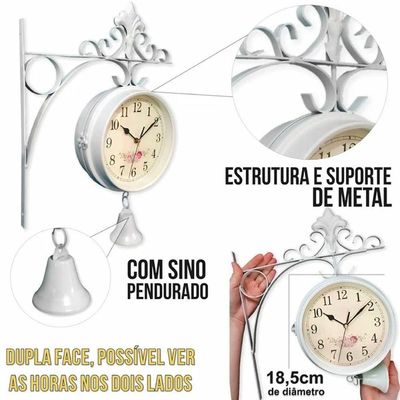 Relógio Com Sino Estação Trem Dupla Face Retrô Floral Branco