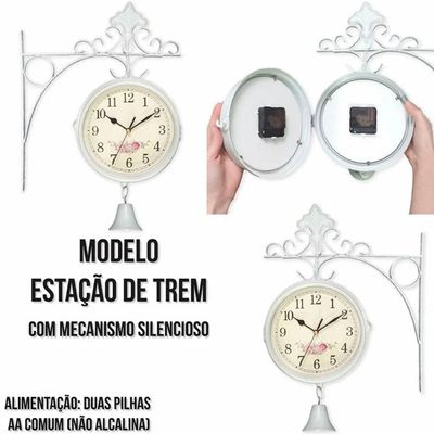 Relógio Com Sino Estação Trem Dupla Face Retrô Floral Branco