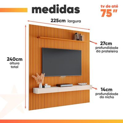 Painel Para Tv Até 75 Polegadas 2,25x2,40m Ripado Com Nicho Arbo Cedro/off White Edn Nature