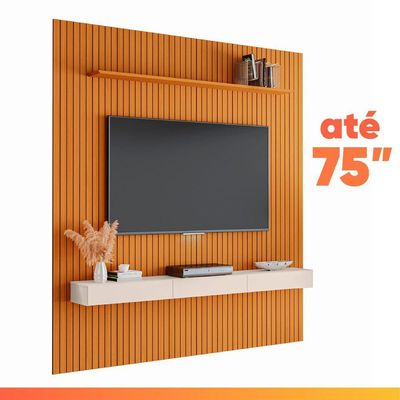 Painel Para Tv Até 75 Polegadas 2,25x2,40m Ripado Com Nicho Arbo Cedro/off White Edn Nature