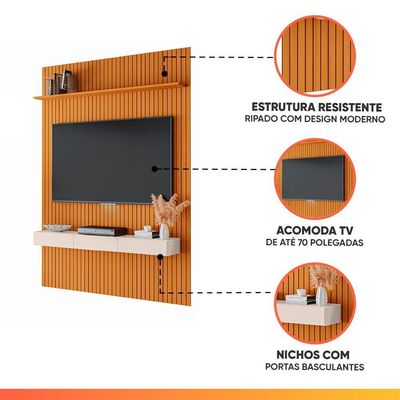 Painel Para Tv Até 70 Polegadas 1,80x2,40m Ripado Com Nicho Arbo Cedro/off White Edn Nature