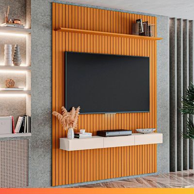 Painel Para Tv Até 55 Polegadas 1,35x2,40m Ripado Com Nicho Arbo Cedro/off White Edn Nature