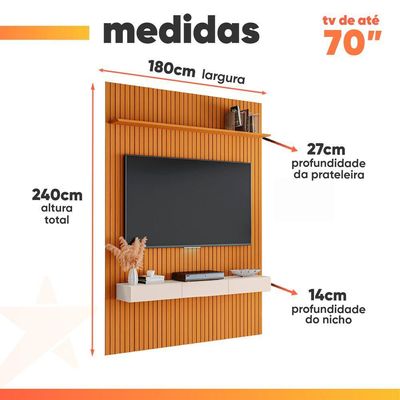 Painel Para Tv Até 70 Polegadas 1,80x2,40m Ripado Com Nicho Arbo Cedro/off White Edn Nature