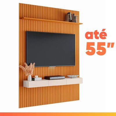 Painel Para Tv Até 55 Polegadas 1,35x2,40m Ripado Com Nicho Arbo Cedro/off White Edn Nature