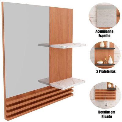 Espelheira Para Banheiro 60 Cm 2 Prateleiras Sâmia Amêndoa/mármore Branco