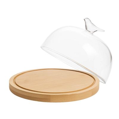 Kit 2 Queijeiras 20cm Vidro Base Bambu Porta Frios Bird Wolff Mesa Posta Boleira