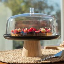 Boleira Cúpula Plástica 25cm com Pé Bambu Lume Preto Prato para Bolo Doces Ou