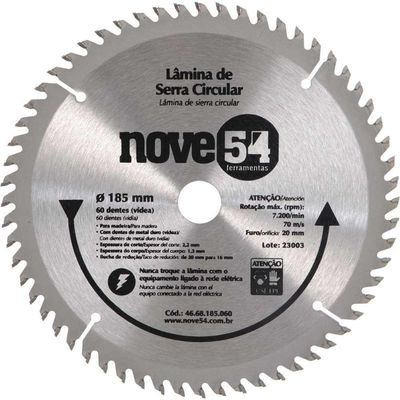 Lâmina Serra Circular Vídea 185mm 60 Dentes Furo 20mm Nove54