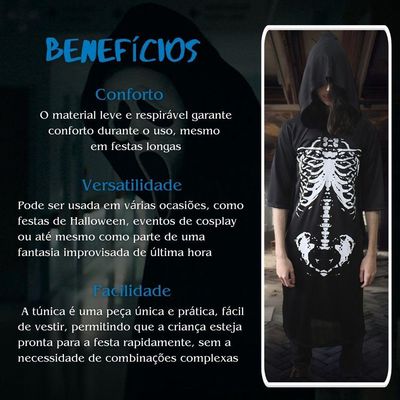 Fantasia Halloween Esqueleto Scary Boy Preta Com Capuz Tamanho M