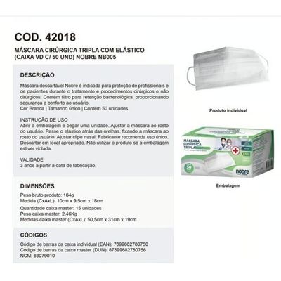 Máscara Cirurgica Tripla Camada Proteção Descartável 50un Unico