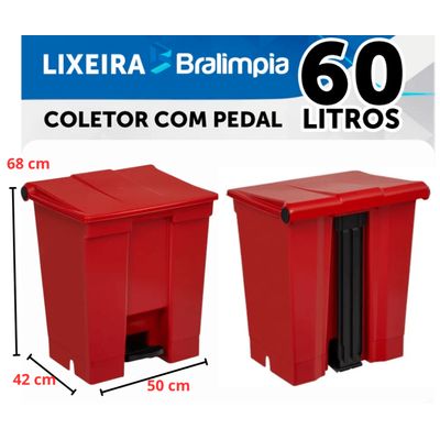 Coletor Lixeira De Pedal 60 Lt Bralimpia Vermelha