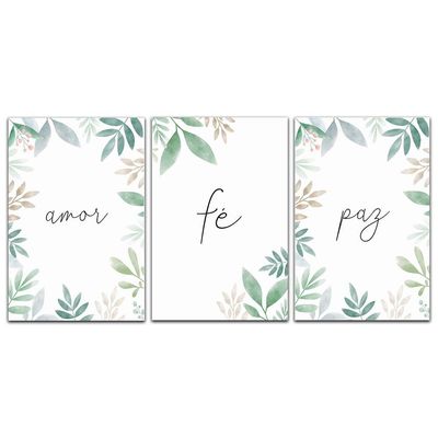 Kit Placas Quadros 3 Peças Mdf 20x30 Amor Fé e Paz