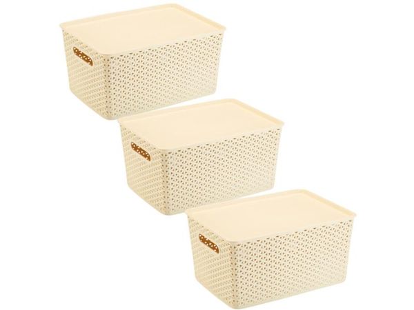 Kit 3 Caixas Organizadoras C/ Tampa Grande 15 L Rattan Creme