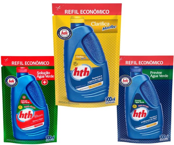 Kit 01 HTH Clarificante Maxfloc 900ml + 01 Algicida Manutenção 900ml + 01 Algicida Choque 900ml