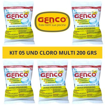 Kit 05 Pastilha Tablete Genco Cloro Multi Ação 200g Piscina