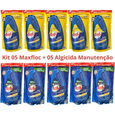 Kit 05 HTH Clarificante Maxfloc 900ml + 05 Algicida Manutenção 900ml