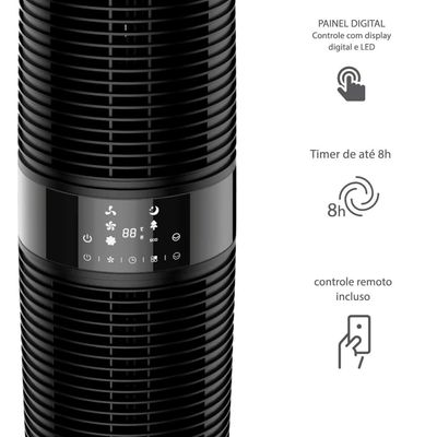 Ventilador de Torre 100cm Spirit 360º com Display LED Touch Screen, Controle Remoto, Funções Especiais e Controle Inteligente de Velocidade - Preto Preto / 220