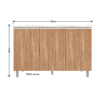 Balcão Triplo Bartira Amazonita com 3 Portas, 1 Prateleira e 120cm de largura - Damasco