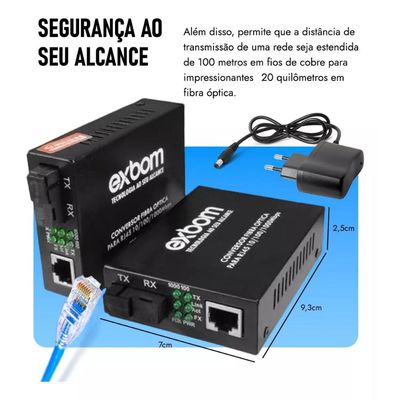 Par de Conversor Mídia Fibra Óptica A+B para RJ45 Gigabit 1000Mbps - 20 Km