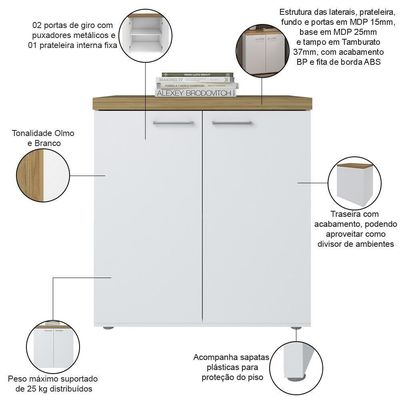 Balcão Para Escritório Home Office Multiuso 2 Portas Orly A02 Olmo Branco - Lyam Decor