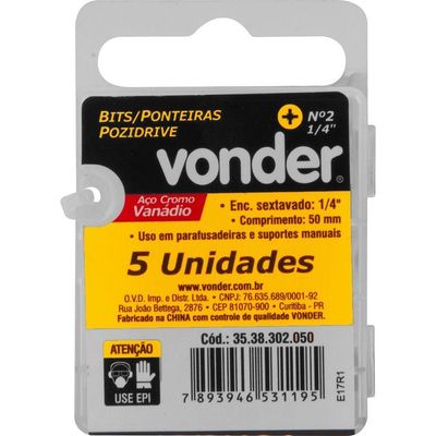 Jogo De Bits Ponteira Pozidrive Com Enc 1-4 Nº 2x50mm Vonder