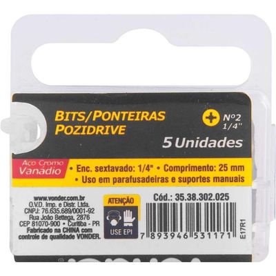 Jogo De Bits Ponteira Pozidrive Com Enc 1-4 Nº 2x25mm Vonder