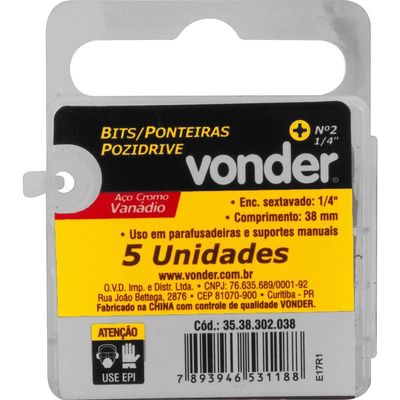 Jogo De Bits Ponteira Pozidrive Com Enc 1-4 Nº 2x38mm Vonder