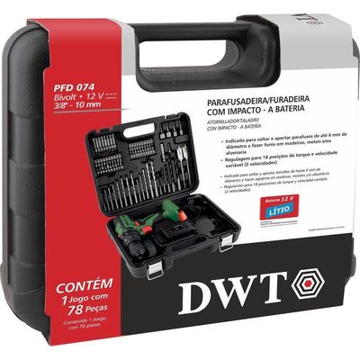 Furadeira Impacto à Bateria 12V Fonte Biv Pfd074 Dwt