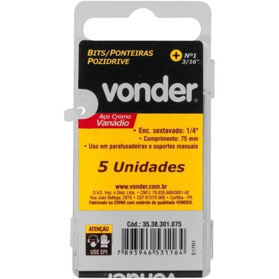 Jogo De Bits Ponteira Pozidrive Com Enc 1-4 Nº 1x75mm Vonder